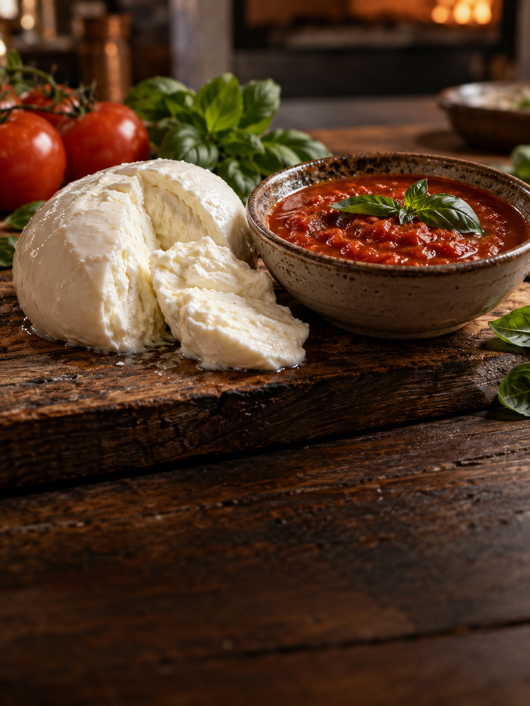Mozzarella artesanal junto a salsa de tomate casera