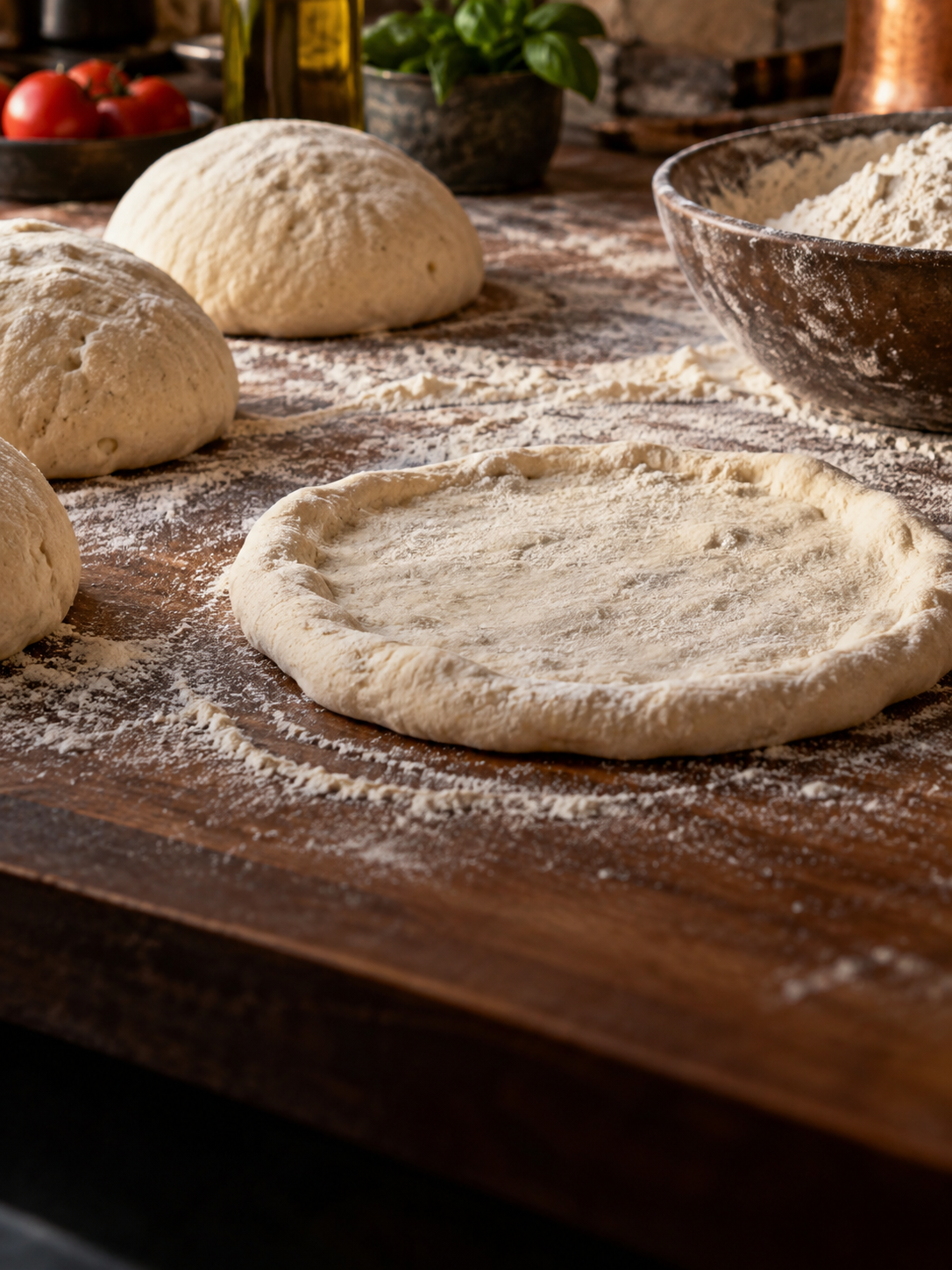 Masa de pizza artesanal en fermentación sobre una mesa con harina